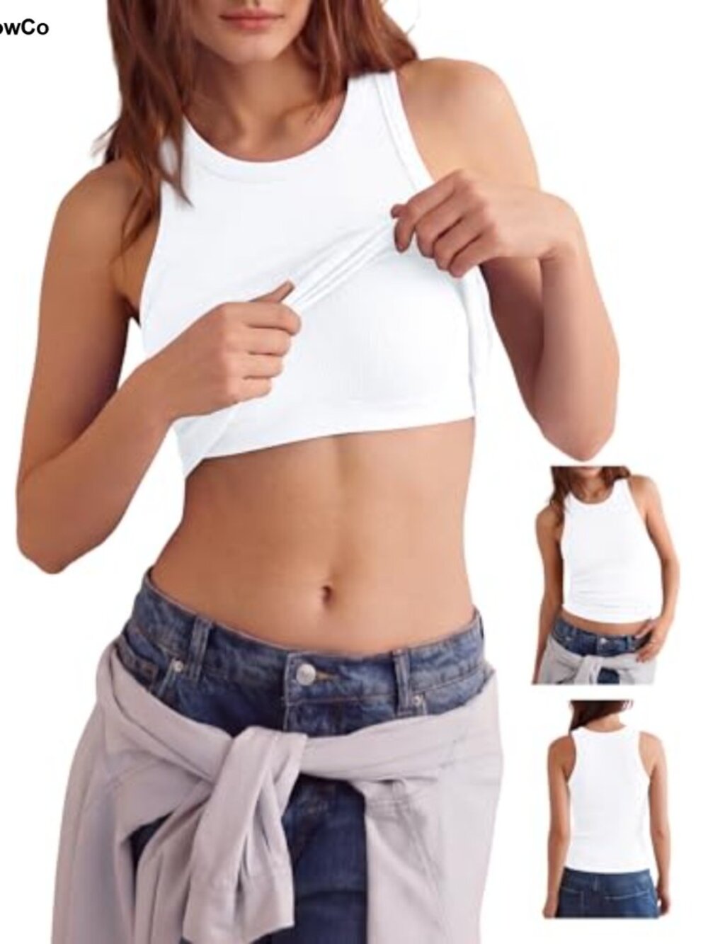 Ribbed Crew Neck Slim Fit Tank Top with Built in Bra Cotton Spandex